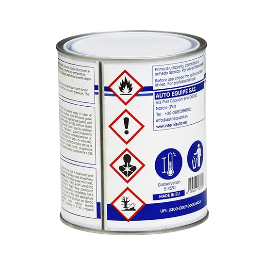 Confezione colla Auto Equipe 1 litro esposta dal lato dove si vedono i pittogrammi della sicurezza