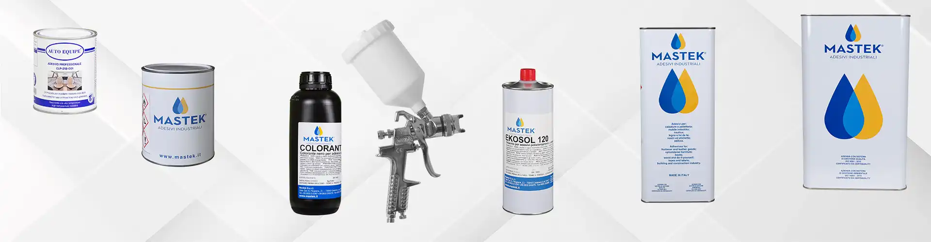 Collezione degli adesivi delle marche Teroson, Mastek, Auto Equipe e, in più c'è l'aerogrago per spruzzare la colla